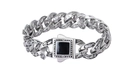Vintage silver-tone Cuban link bracelet with floral relief and black square gemstone - Steel Color (KB14727-D)