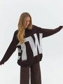 Close-up of dark brown knitted sweater featuring white letter W and since 2017 jacquard print - S / Brown