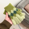 Close-up of green argyle pattern knit gloves showing soft yarn texture and ribbed cuff - One Size / Light Green