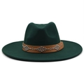 Detail of dark green wool fedora hat featuring a brown leather band with silver rivets - M (56-58cm) / Dark Green