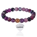 Pink zebra stone beaded bracelet in purple tones with custom engraved heart pendant - Purple Stripe Agate