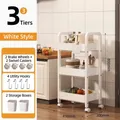 White 3-tier steel rolling kitchen cart with lockable wheels and storage hooks - 3 Tiers Heightened / White