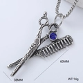 Silver scissor and comb pendant necklace with blue gemstone detail, size 60mm by 38mm - Scissors and Comb Blue Gemstone Style (Style 6)