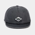 Macro detail of TRAVELINE camping embroidery on a vintage charcoal soft brim cap - Adjustable / Gray