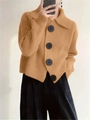 Women's oversized knit cardigan in mustard yellow with large lapel and black buttons - 3XL / Nude
