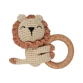 Handmade crochet lion rattle on natural wooden ring for baby soothing sensory play - Red Hair Lion in Ring