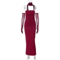 Elegant wine red bodycon evening dress with matching mesh gloves and neck strap set - S / Burgundy