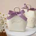 Cream hexagonal wedding gift bag with purple satin ribbon and wooden handle - Wooden Ring Handle / Beige European Style + Purple Ribbon
