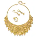 Polished gold multi-layered bead fringe necklace with matching earrings and ring jewelry set - Necklace Earrings Ring Set / Golden Style