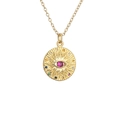Gold evil eye necklace featuring a pink center stone and colorful zircon accents on white background - Pink Zircon Round Eye / Gold