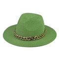 Detailed view of mint green woven straw hat featuring a chunky gold chain accessory - Adult 57-60cm / Green