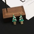 Handmade Christmas tree earrings with green beads and natural pearls on a wood stand - Stud Earrings / Green Christmas Tree Earrings