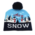 Detail der blauen Weihnachts-Strickmütze mit LED-Lichtern und 'Let it SNOW' Aufschrift - Einheitsgröße / Blauer Schneemann