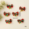 Red and green plaid Christmas bows with golden bells and berries, set of 6, 5x4cm size - Red-Green Plaid with Green Leaves