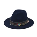 Navy wool fedora hat with bohemian braided band, turquoise stone and tassel details - 14-Navy Blue
