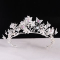Elegant silver bridal crown with butterfly motifs, white pearls and iridescent AB crystals - Thick Silver AB Rhinestone