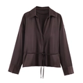 Deep brown satin long sleeve shirt with collared neck and drawstring waist tie on white background - XS / Coffee