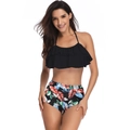 Two-piece bikini with black halter ruffle top and tropical leaf print high waist bottoms - S / Orange Leaf Double Ruffle