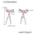 Silver bow heart earrings in titanium steel with pink zircon and size measurements - Heart Zirconia Bow / Steel Color (Pink Zirconia)