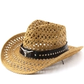 Ethnic western cowboy straw hat with hollow weave and bull head leather band decoration - M (56-58cm) / Khaki