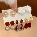 5-pair vintage earring set featuring pearls, flowers, and geometric red pendants - 5 Pairs Set-Red White Gold (3#)