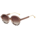 Round gradient brown sunglasses with leopard print frames and gold metal temples - Coffee White Leopard Frame Gradient Coffee Lens
