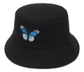 Black cotton bucket hat with blue and white butterfly embroidery detail for summer sun protection - Black Blue Butterfly Embroidery