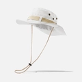 Detail of white wide brim boonie hat with metal eyelets and adjustable chin strap - White
