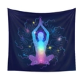 Detail of yoga meditation tapestry with rainbow nebula silhouette on dark blue fabric - Qy419-5