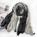 Thin cotton linen scarf in black and light grey color block with fringe detail - Black & Grey Color Block