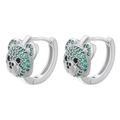 Macro shot of silver teddy bear earrings inlaid with sparkling green cubic zirconia - Platinum Green Zirconia