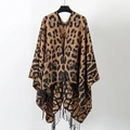 Vintage leopard print knitted poncho with tassel hem in brown and black tones - Camel