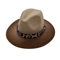 Detail of the dual-tone felt fedora hat featuring a leopard print band and gold buckle - Khaki Coffee Patchwork