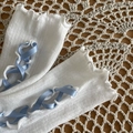 White lace leg warmers with blue ribbons in a ballet-inspired Coquette style - White Blue Lace Long