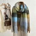 Detailed view of mohair plaid scarf featuring thick tassels and autumn color blocks - 38*250cm / Blue Green Grid