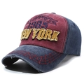 Vintage red and navy blue washed denim baseball cap with New York 1985 embroidery - Red with Blue Brim