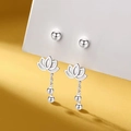 Silver-plated lotus flower drop earrings with minimalist round stud and bead accents - Lotus Segmented Pendant (A68)