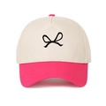 Vintage two-tone beige and pink trucker hat featuring a minimalist bow embroidery - Adjustable / Rose Red