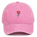 Pink washed cotton baseball cap with red rose embroidery and vintage distressed finish - Pink