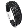 Mehrlagiges geflochtenes Lederarmband für Herren in Schwarz mit silberner Magnetschließe - 20.5CM / Schwarzes Leder Silberner Verschluss