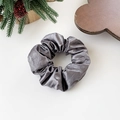 Silver grey faux leather scrunchie with high elasticity on a wooden tray with pine needles - Medium / Gray