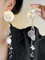 Elegant long white tassel earrings with shell discs and delicate fabric flower detail - White Pendant Style / White