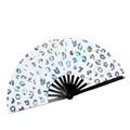 33cm reflective bamboo fan with laser leopard print fabric and black frame - Reflective White Fan - Footprints