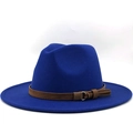 Königsblauer Wollfilzhut für Damen und Herren mit vintage braunem Lederband Detail - Blau