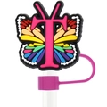 Rainbow butterfly straw topper with hot pink letter T and white polka dot accents - Letter T