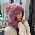 Pink winter knit hooded scarf for women with thick fleece lining and faux fur pompom - Pattern Style / Purple Pink