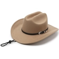Detail of khaki cowboy hat with black leather band, silver buckle and chin strap - Khaki (With Belt Decor)