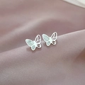Macro view of butterfly stud earrings in silver steel with white shell inlays - Butterfly Mother of Pearl Steel (P306 Steel) / Steel