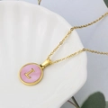 Minimalist gold stainless steel necklace featuring pink shell pendant with letter L - Pink-L
