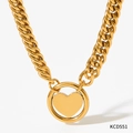 Gold stainless steel thick chain necklace featuring a heart-in-circle pendant KCD551 - Toggle Clasp Heart Circle Pendant Necklace (KCD551)